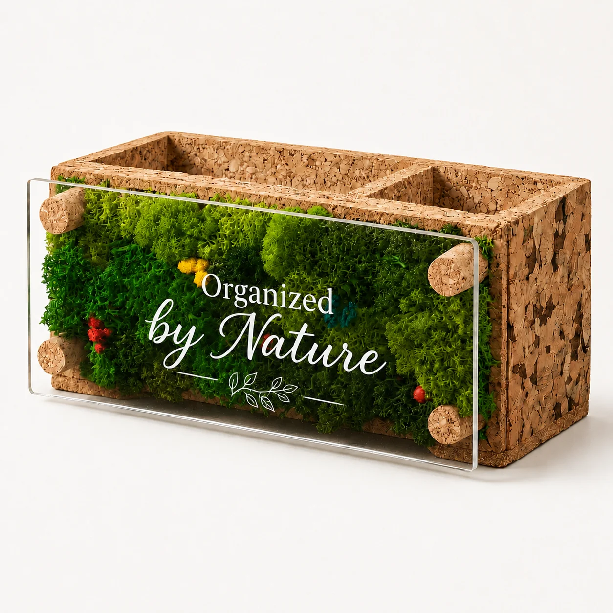Cork desk organiser with preserved botanical feature panel