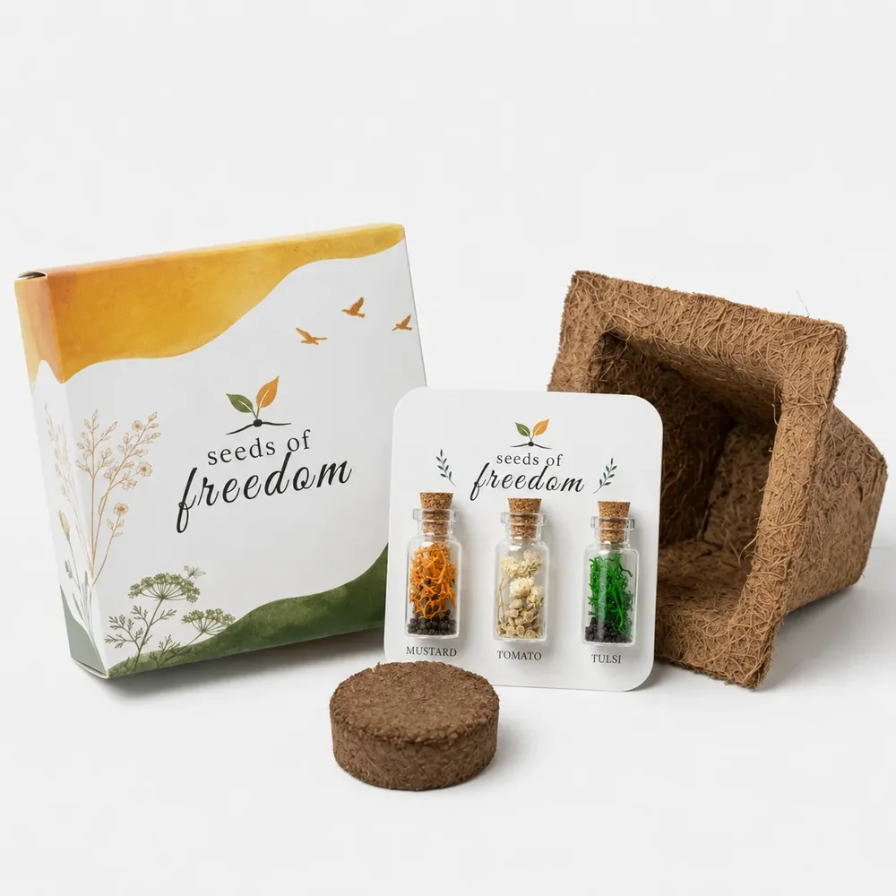 Seeds of Freedom grow kit with three seed bottles, coco pot, cocopeat and printed box
