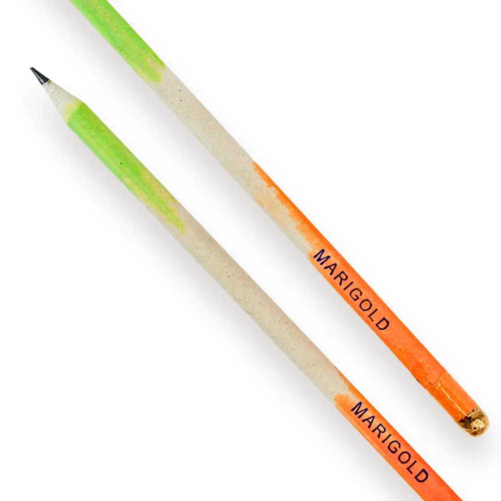 Two tricolour recycled-paper pencils with marigold seed capsules