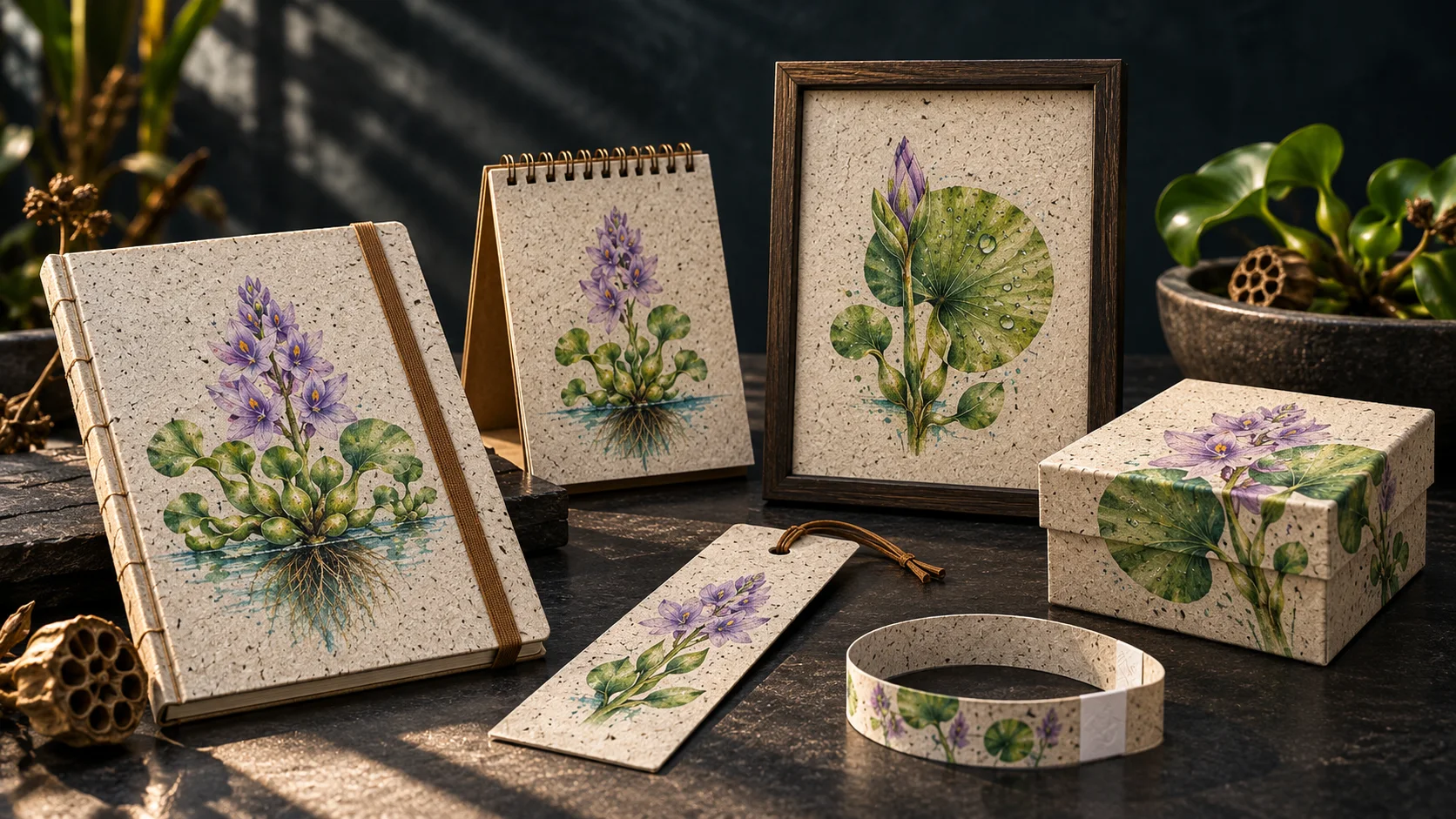 Concept visualisation of a Jalkumbhi notebook, calendar, framed print, bookmark, small gift box and event wristband