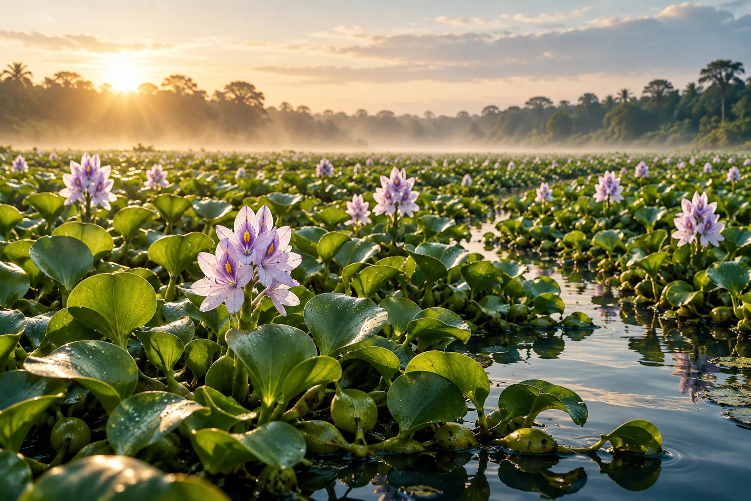Illustrative view of a pond densely covered in flowering water hyacinth