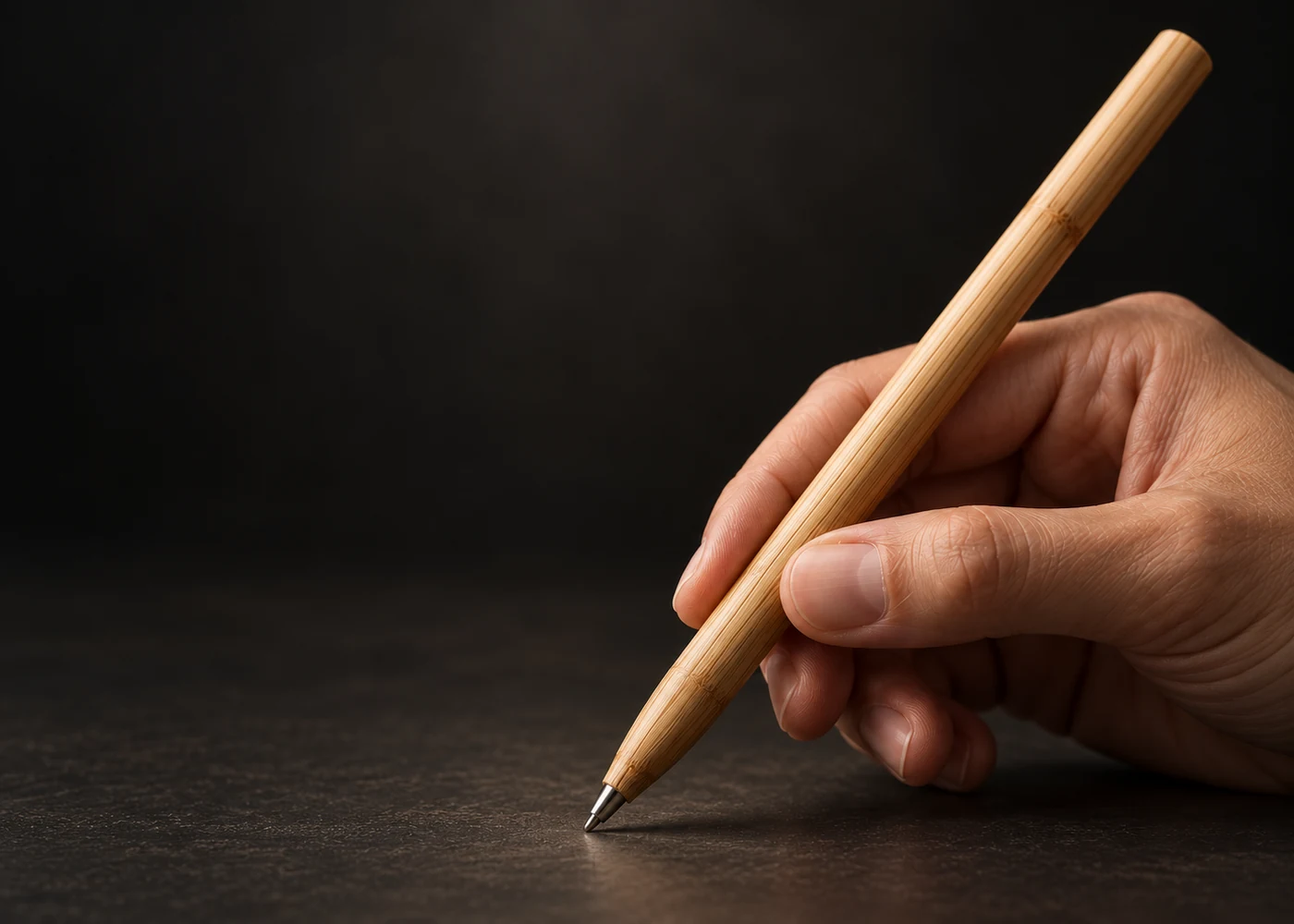 Concept render of a hand holding the bamboo pen, showing natural grain and the metal tip.