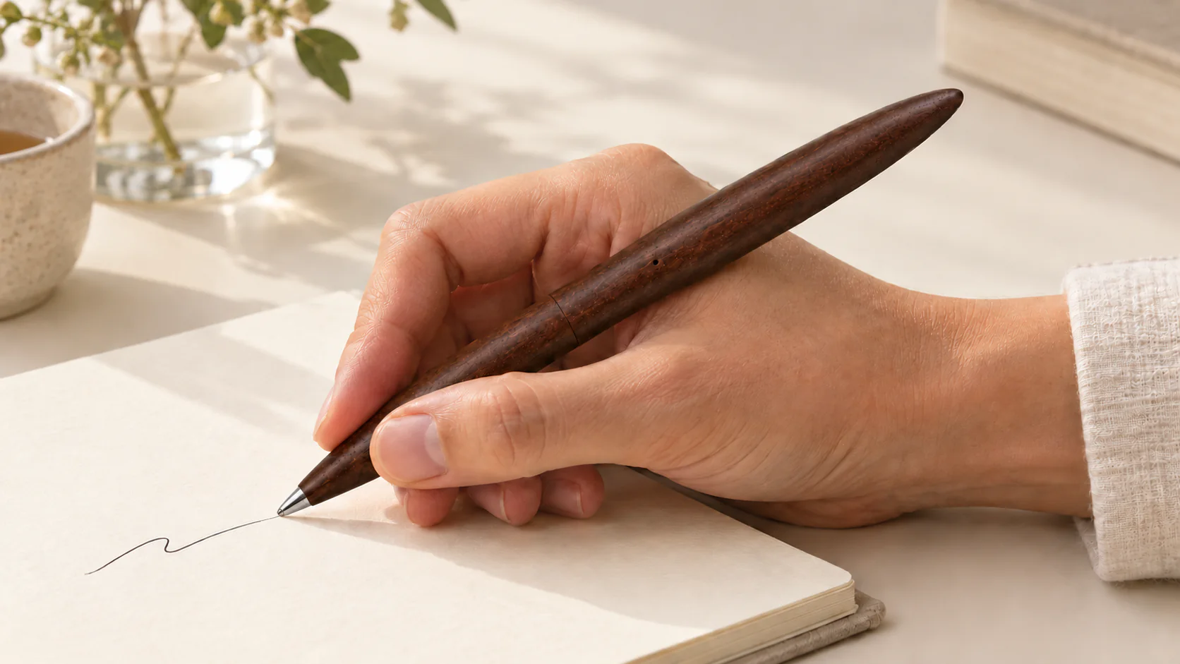 Design render of a hand holding the dark wood NOTE pen while writing on paper.