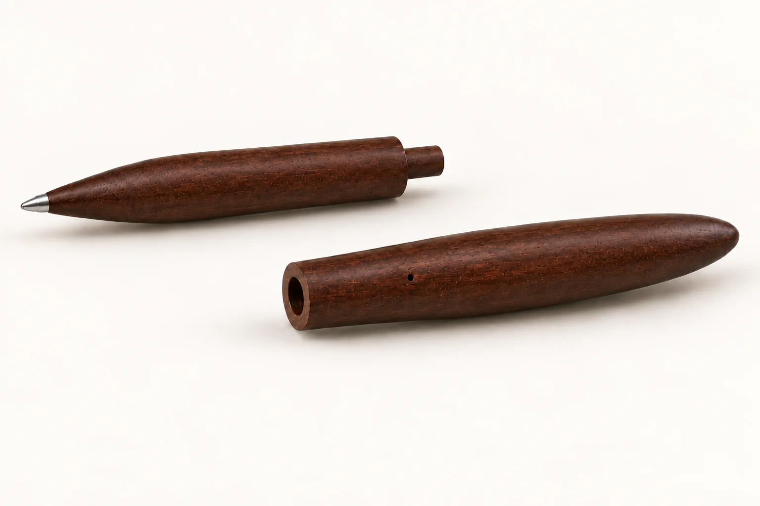 Design render with the front wooden refill separated from the rounded rear body; the front connector and the rear socket are visible.
