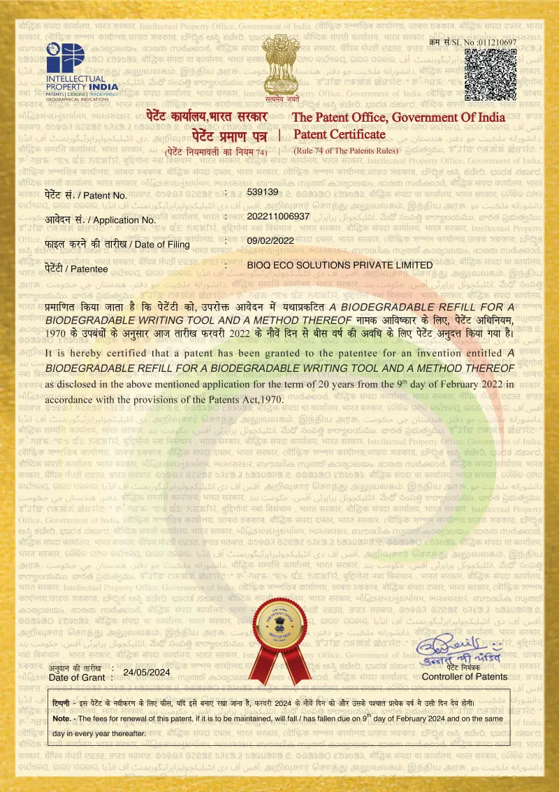 Indian Patent Office grant certificate for patent 539139, held by bioQ Eco Solutions Private Limited, granted on 24 May 2024.