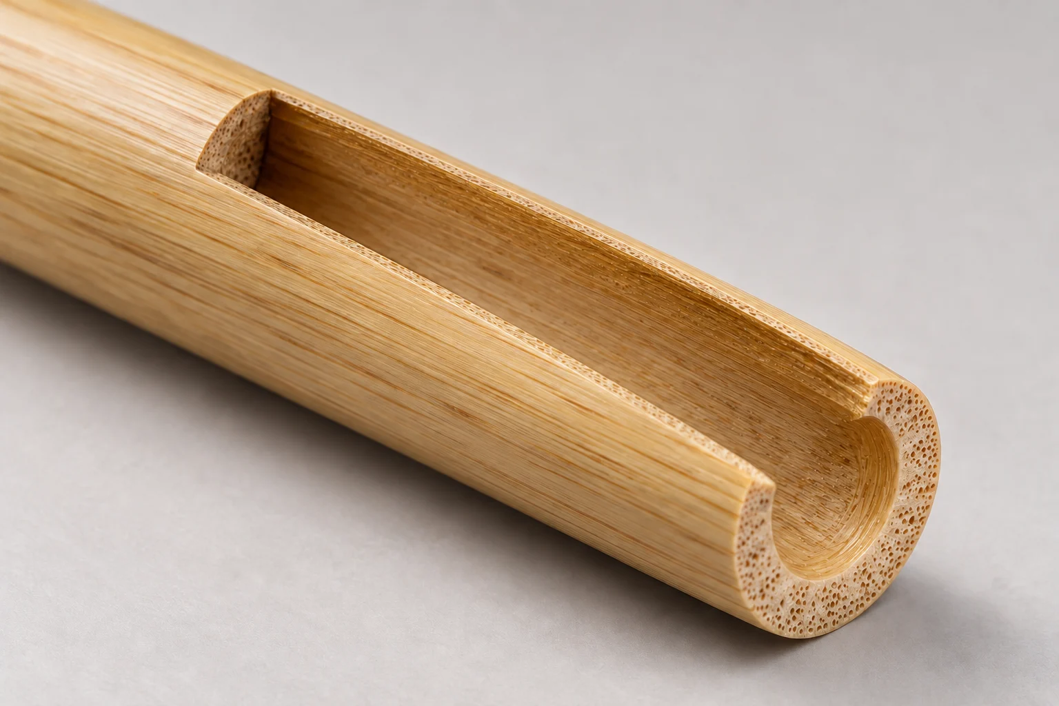 Concept cutaway of an empty hollow bamboo barrel, with the natural inner wall exposed.