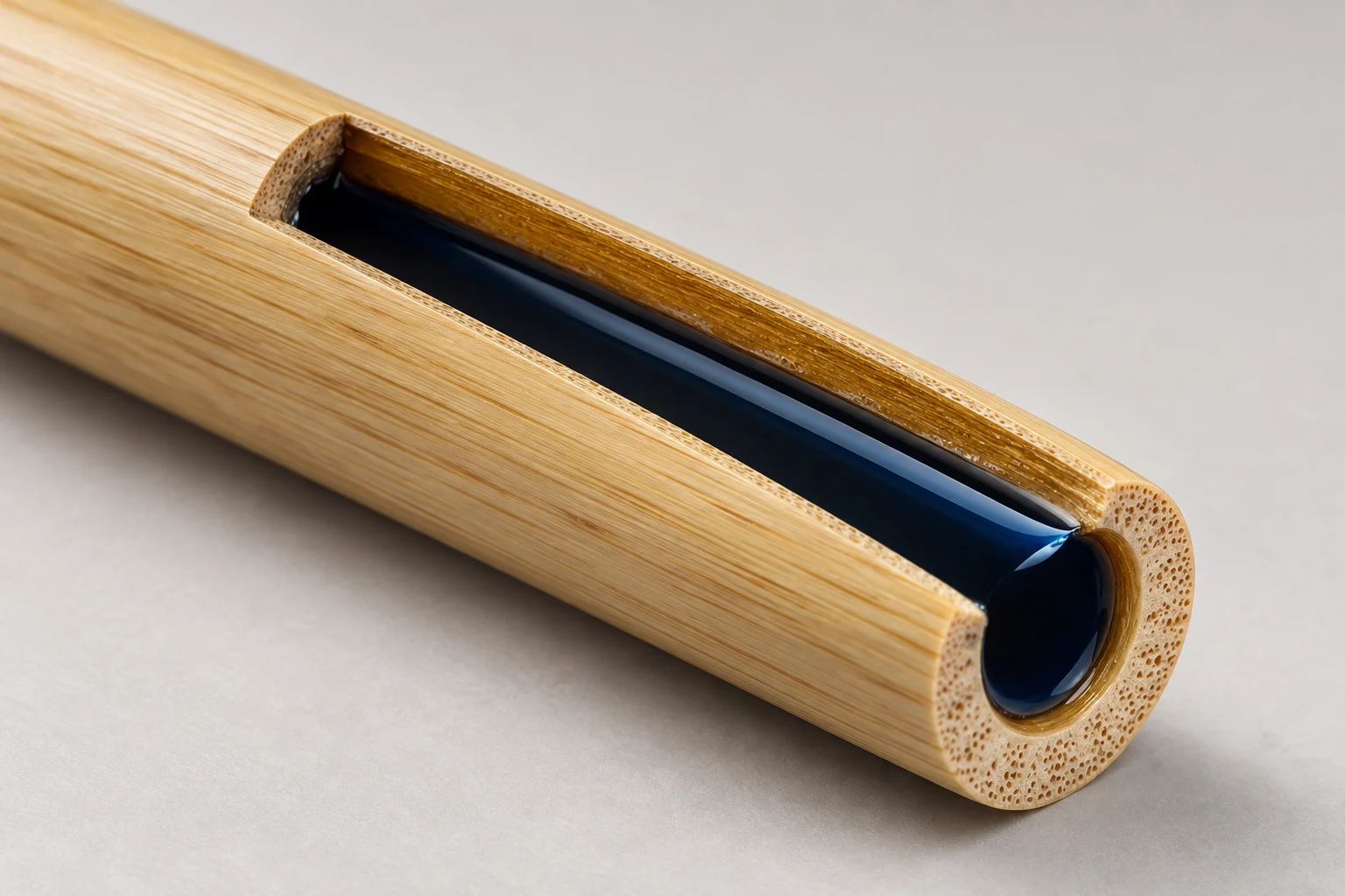 Concept cutaway of blue-black ink held directly within the coated bamboo cavity.
