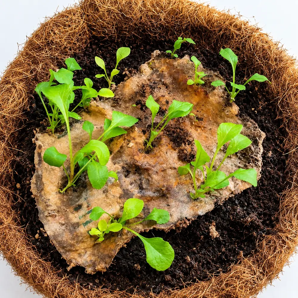 Young green plants growing through seed paper in moist soil