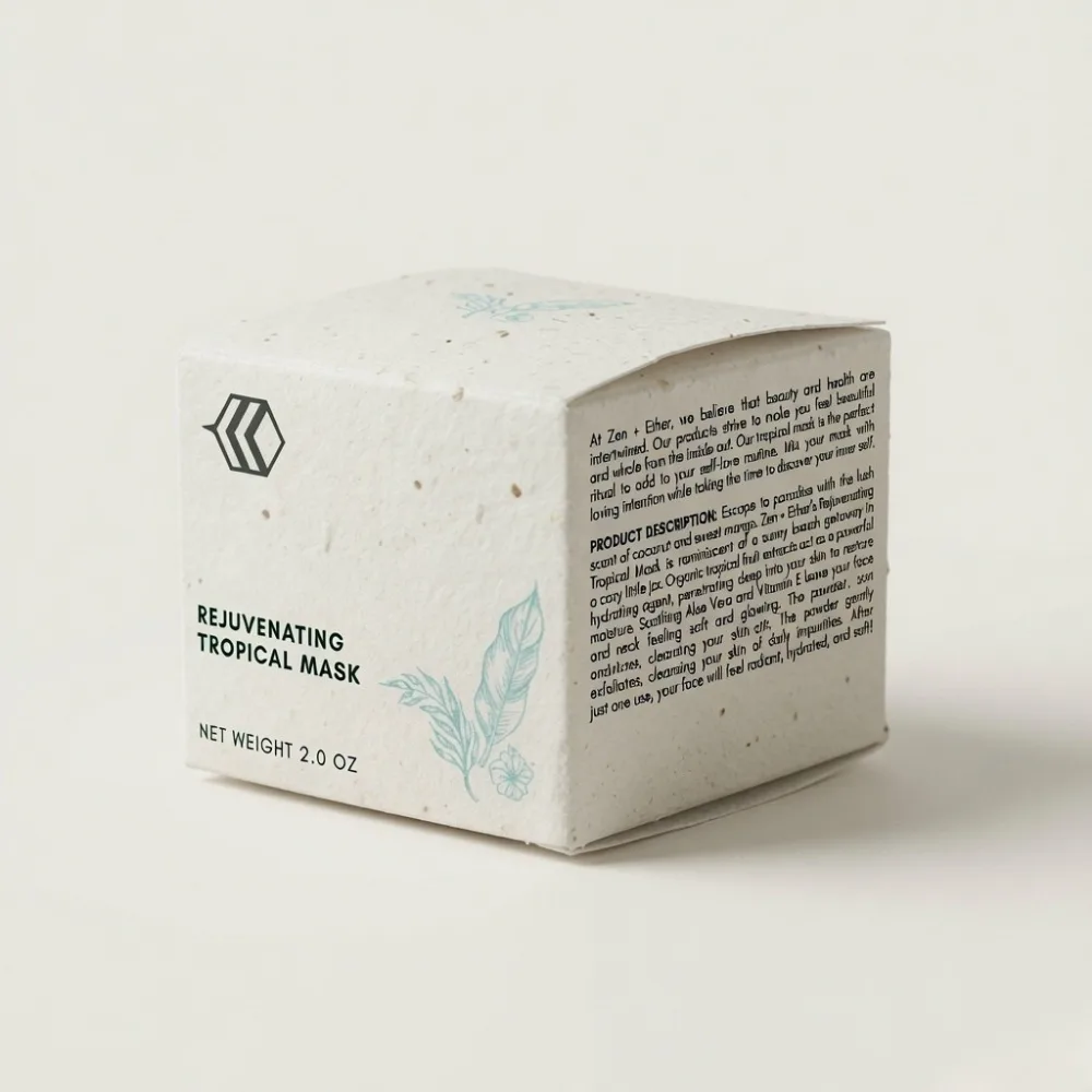 Concept visual of a small printed seed-paper carton for a lightweight product