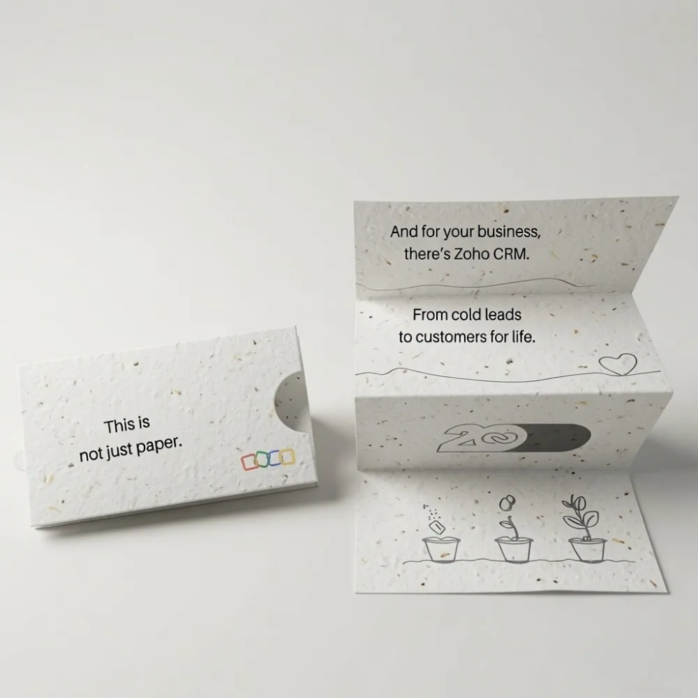 Printed seed-paper cards and envelopes shown as an adaptable format