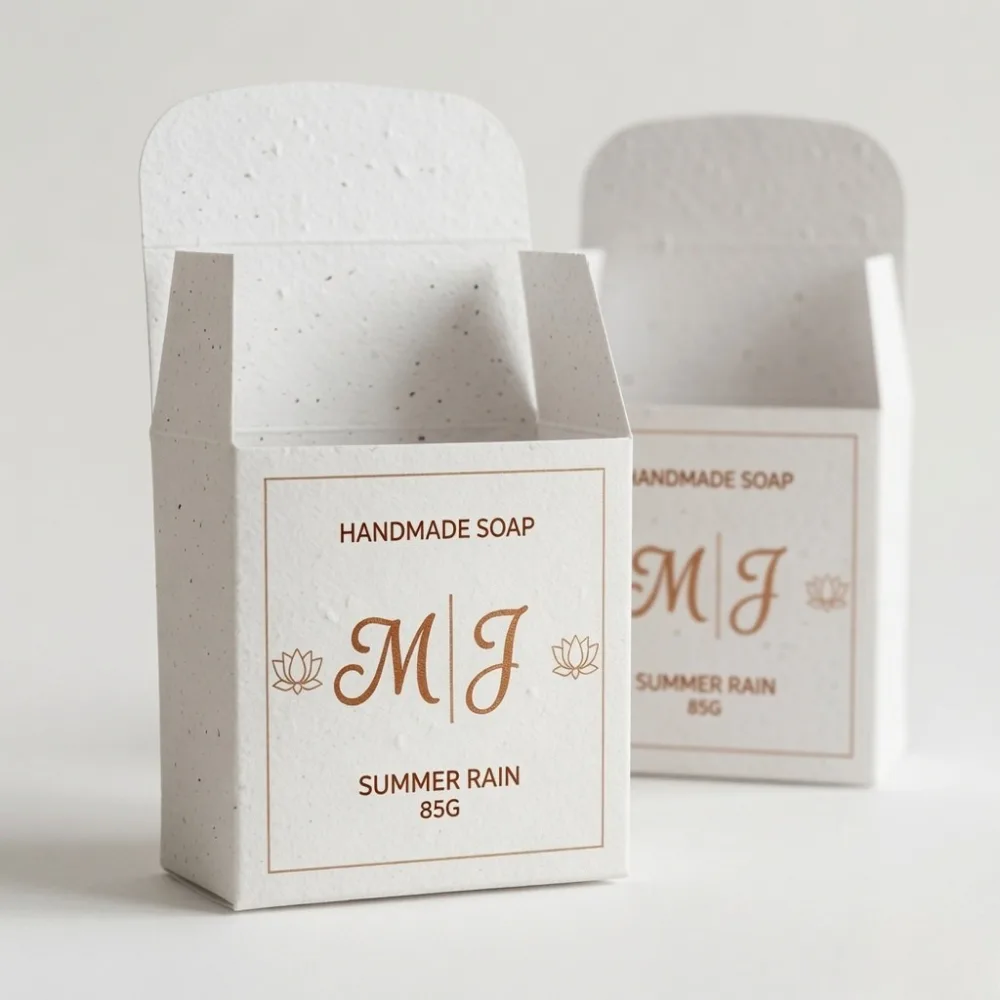 Concept visual of folded seed-paper sleeves for small packaged products