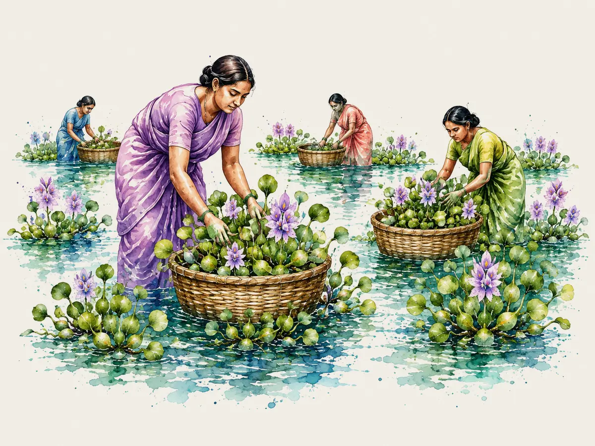 Watercolour illustration of three women standing waist-deep in water, lifting water hyacinth into cane baskets