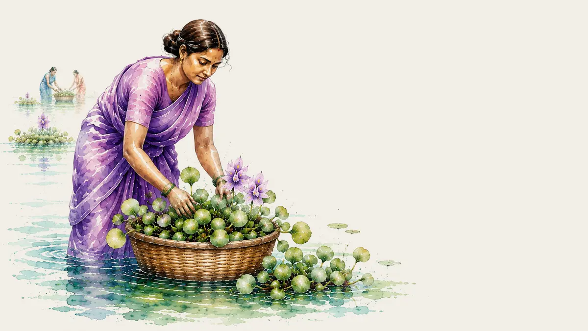Watercolour illustration of a woman lifting water hyacinth from a waterway into a basket