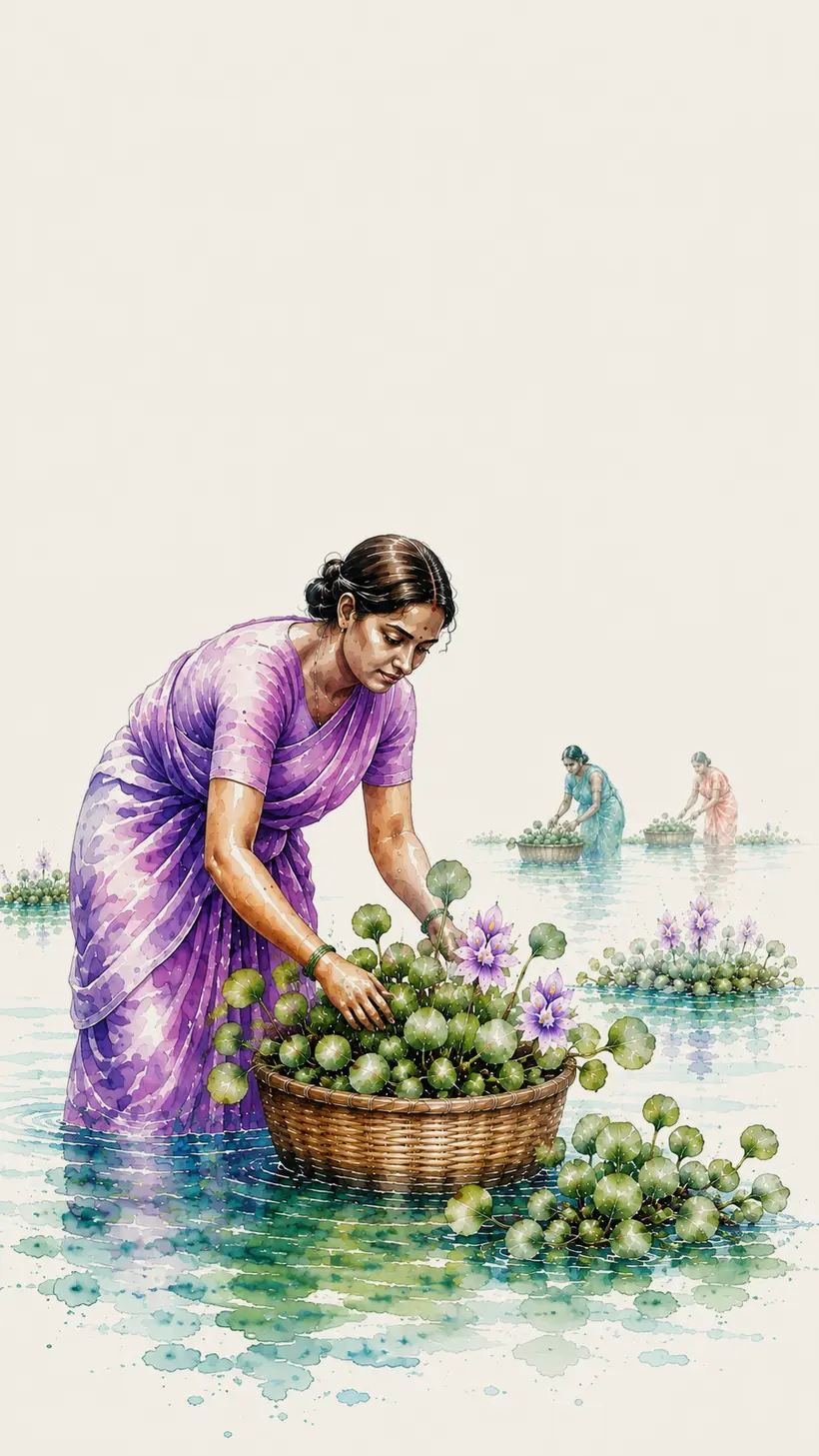 Watercolour illustration of a woman lifting water hyacinth from the water into a cane basket