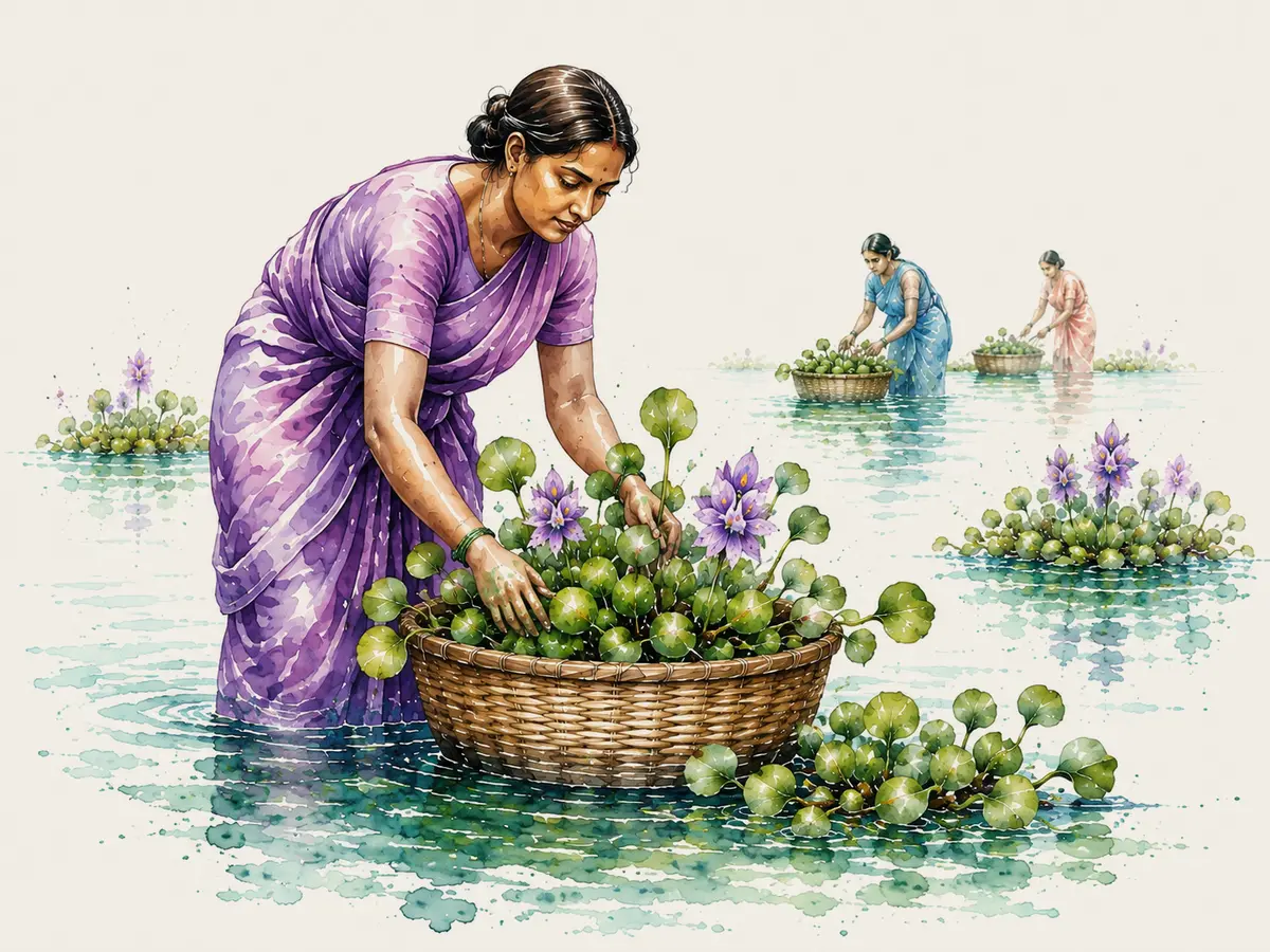 Watercolour illustration of a woman gathering water hyacinth into a basket with others working behind her