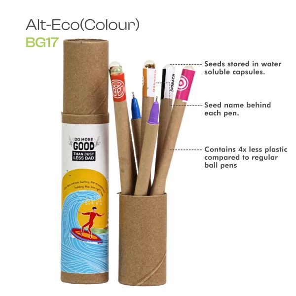 bioQ Plantable Alt-Eco (Color) Seed Colored Ink Pen Set (Pack of 7 Pens) | Eco-Friendly Paper Pens | 5x Less Plastic | Multicolor Ink (Purple, Pink, Green, Black, Red, Orange) | BG17 | Quantity: 1 Box with 7 Pens | Transparent Water-Soluble Capsule - Image 2