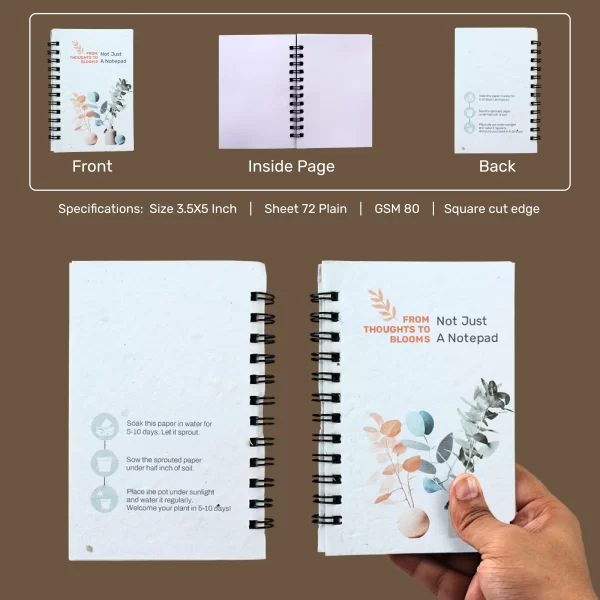 bioQ Eco Wired Mini Plantable Notepad | 3"x 5" | 72 Plain Pages | Wire-O Binding | Beautiful Cover Design | Eco-Friendly Notebook | BG21-W - Image 2