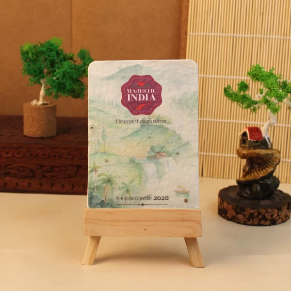 bioQ Plantable Calendar with Wooden Easel Stand | 3.5"x5" Eco-Friendly Calendar | 13 Seed Paper Flaps | Stunning Designs | BG61