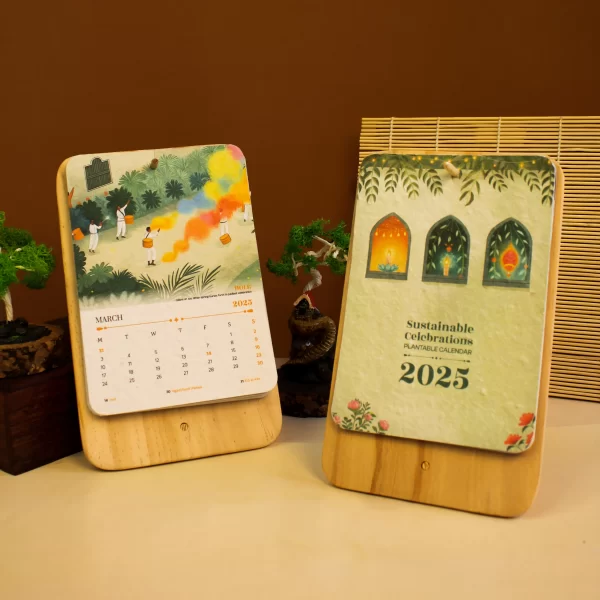 bioQ Plantable Calendar with Wooden Plate Stand | 5"x7" Eco-Friendly Desk Calendar | 13 Seed Paper Flaps | Beautiful Designs | BG64