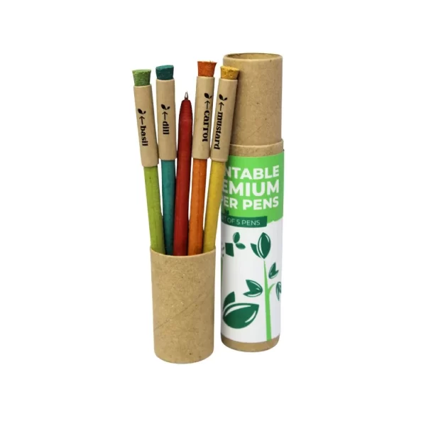 bioQ Growmazing Cork Plantable Paper Pen Set (5 Pcs) | Eco-Friendly Seed Pens | Blue Ink | CG11 | Quantity: 1 Paper Box with 5 Pens | Cork Cap | Recycled Paper Body & Cap | Paper Box Packaging