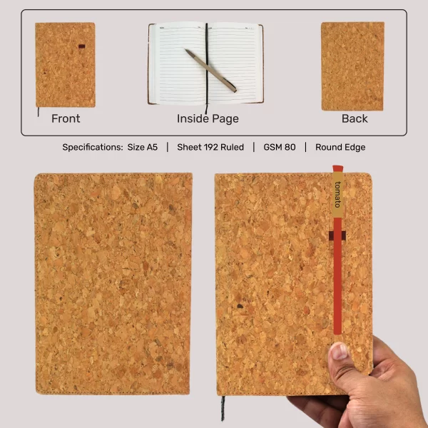 bioQ Cork Diary with Pen Holder A5 | 192 Ruled Pages | Sustainable Eco-Friendly Notebook with Stylish Cork Cover | A5 Size | CK24-P - Image 2