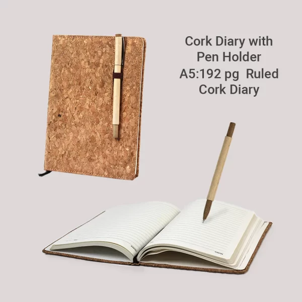 bioQ Cork Diary with Pen Holder A5 | 192 Ruled Pages | Sustainable Eco-Friendly Notebook with Stylish Cork Cover | A5 Size | CK24-P