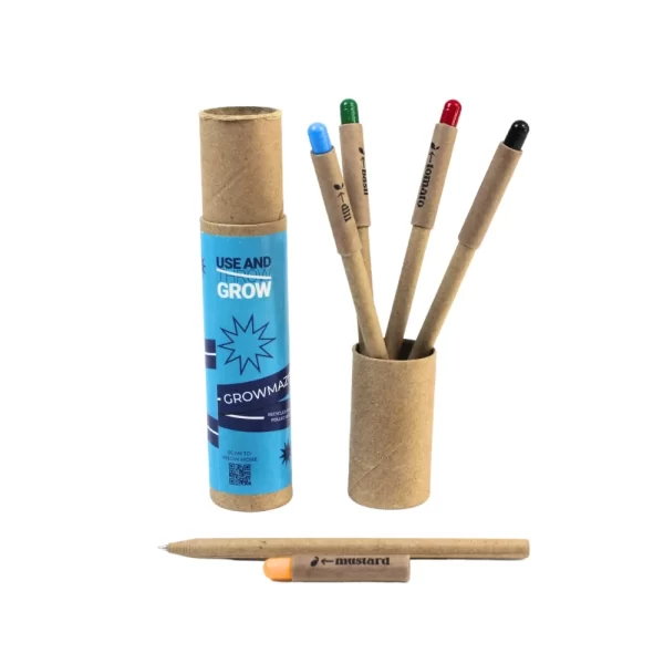 bioQ Growmazing Plantable Paper Pen Set (5 Pcs) | Eco-Friendly Seed Pens | Blue Ink | GZ11 | Quantity: 1 Box with 5 Pens | Water-Soluble Capsule | Recycled Paper Body & Cap | Paper Box Packaging