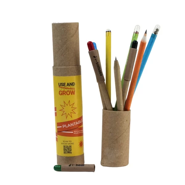 bioQ Alt-Plastic 4+4 Combo Plantable Seed Pens & Pencils | Eco-Friendly Combo | Blue Ink Pens | GZ15 | Quantity: 1 Pack with 4 Pens and 4 Pencils | Recycled Paper Body | Paper Tube Packaging